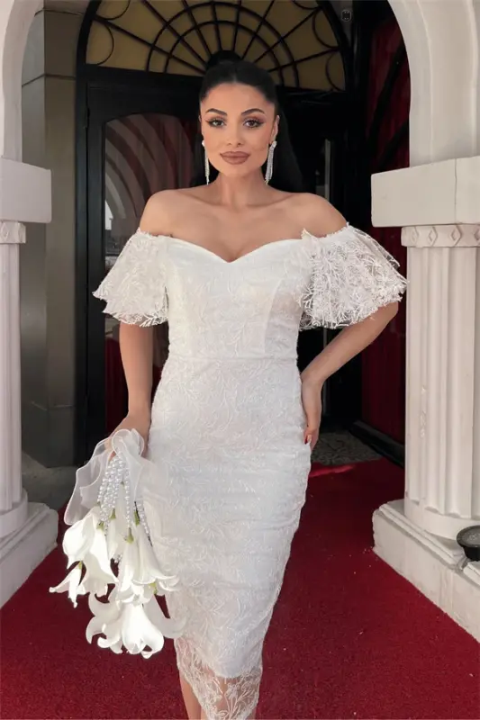 Embroidered Lace Fabric Boat Neck Pencil Dress - WHITE - 4