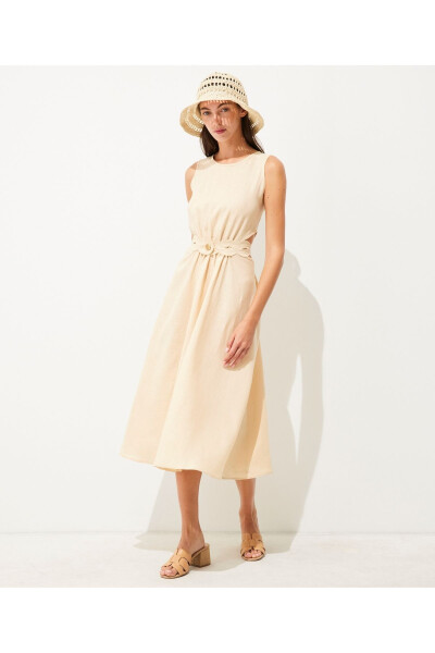 Embroidered Linen Dress with Belt - 1