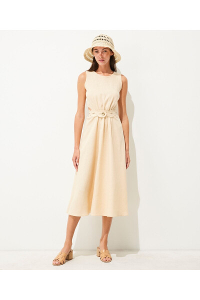 Embroidered Linen Dress with Belt - 3