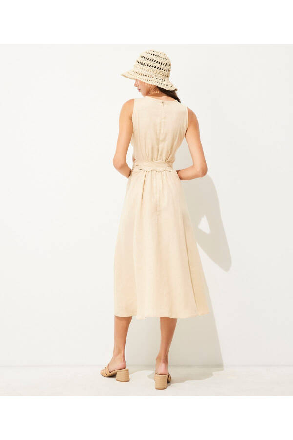 Embroidered Linen Dress with Belt - 5