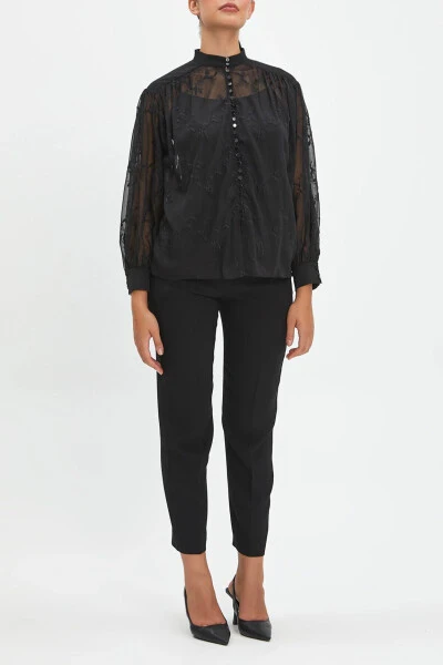 Embroidered Mandarin Collar Button-Front Shirt 39843 - SERPIL