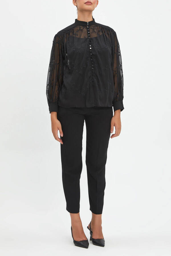 Embroidered Mandarin Collar Button-Front Shirt 39843 - 1