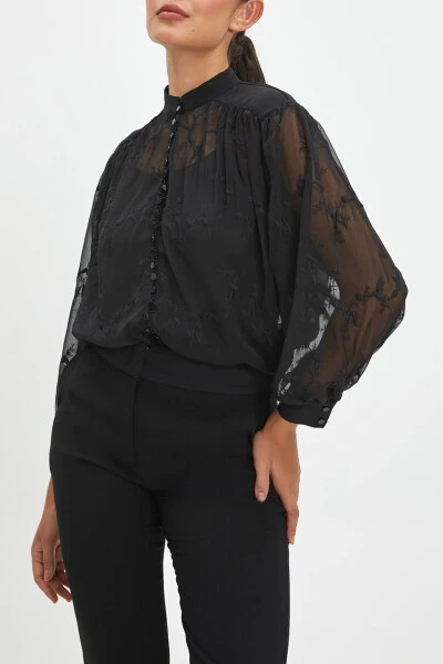 Embroidered Mandarin Collar Button-Front Shirt 39843 - 4