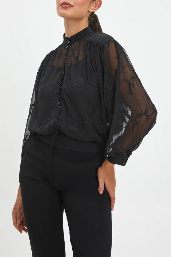 Embroidered Mandarin Collar Button-Front Shirt 39843 - 4