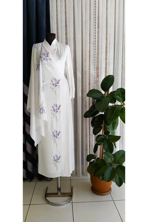 Embroidered Medina Silk Praying Dress with Shawl, Silk Dressing Gown, Bridal Praying Dress & Dressing Gown - 4