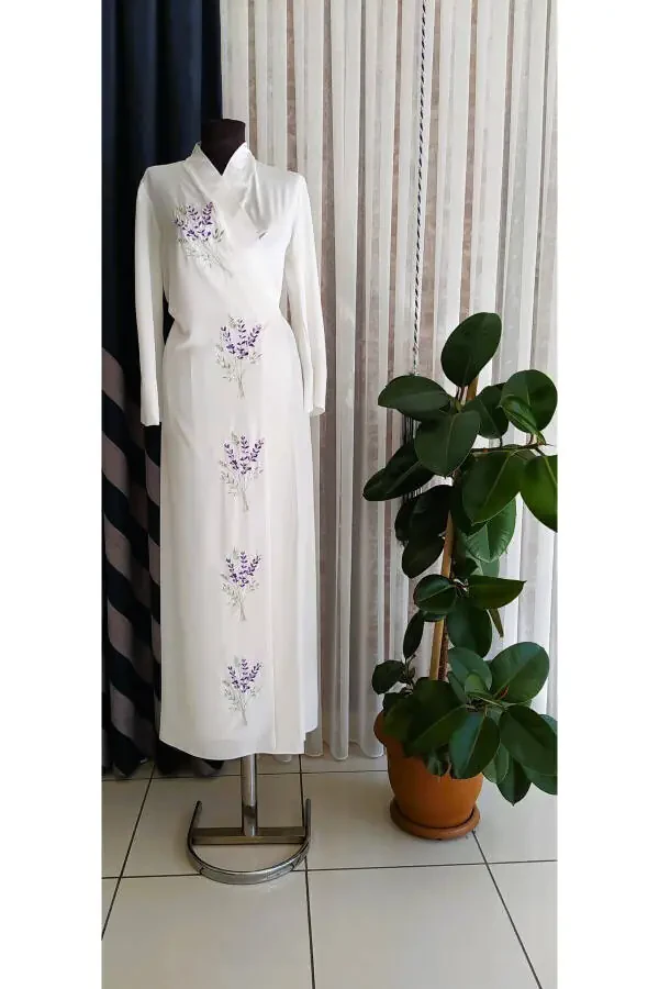 Embroidered Medina Silk Praying Dress with Shawl, Silk Dressing Gown, Bridal Praying Dress & Dressing Gown - 6