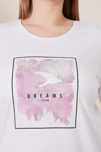 Embroidered Printed Plus Size White T-Shirt - BÜYÜKBEDENIZ (1)