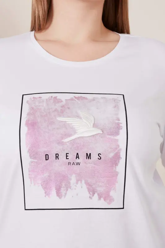 Embroidered Printed Plus Size White T-Shirt - 2