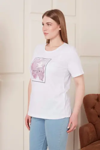 Embroidered Printed Plus Size White T-Shirt - 10