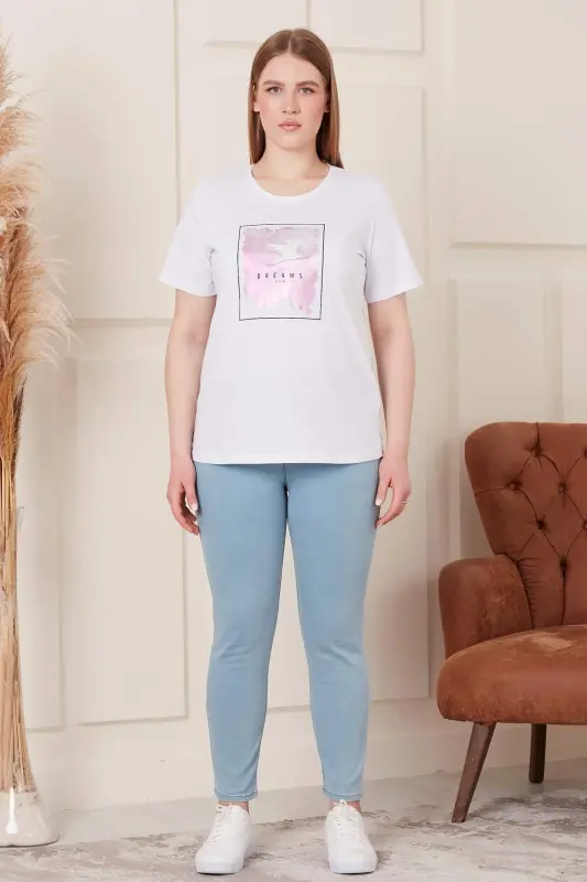 Embroidered Printed Plus Size White T-Shirt - 9