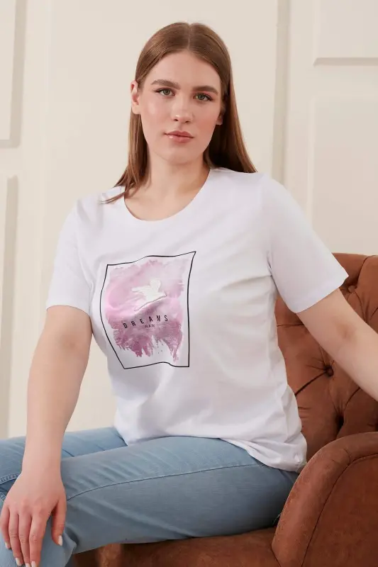Embroidered Printed Plus Size White T-Shirt - 8