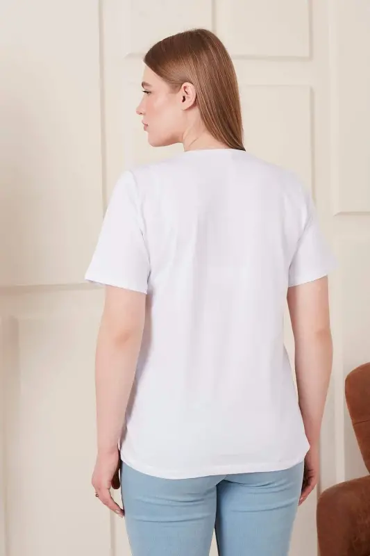 Embroidered Printed Plus Size White T-Shirt - 7