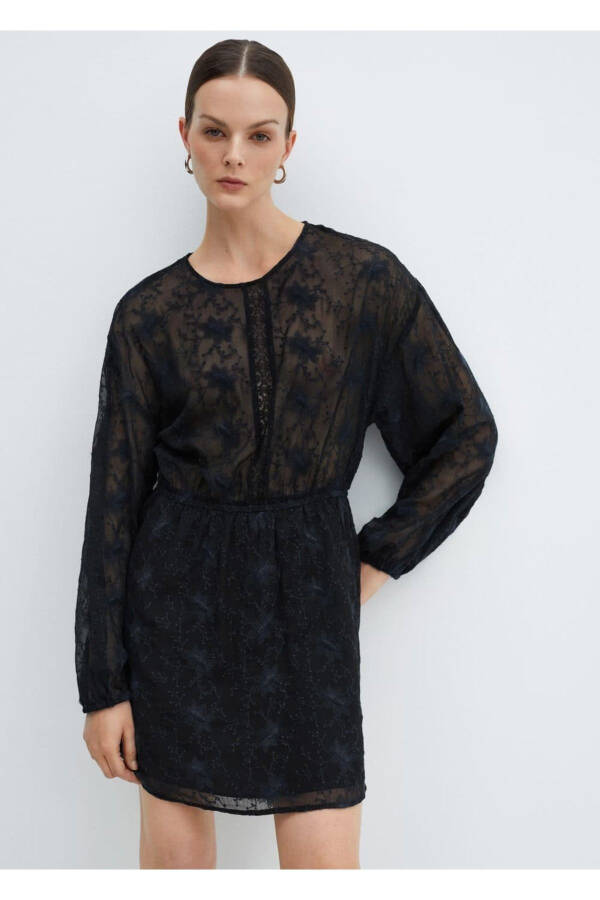 Embroidered Puff Sleeve Dress - 1