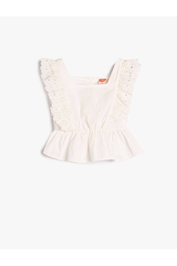 Embroidered, ruffled, square neck, sleeveless cotton blouse - 4