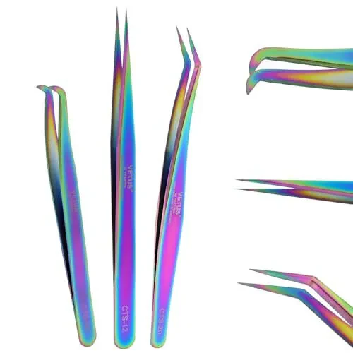 Fiber Tip Tweezers for Lash Extensions Precision Eyelash Isolation, Industrial Tweezers for Crafting,Soldering, Laboratory Work, Jewelry-Making Non-Slip Grip Stainless Steel by EMEDA(3PCS) - EMEDA