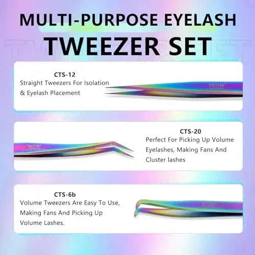 EMEDA 3PCS Lash Tweezers Set - High Precision Stainless Steel Tweezers for Eyelash Extensions, Straight and Curved Tweezers for Isolation Lash Extensions, Pointy Flat Tweezers for Volume Lashes - 4