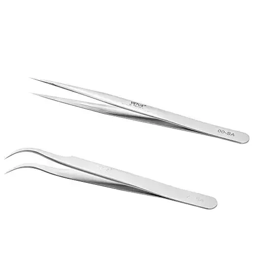 EMEDA Eyelash Extension Tweezers 2 Pieces VETUS Straight and J Curved Tweezers for Eyelash Extensions Precision Lashing Tweezers Professional Tools for Isolation Classic Volume Lash Extensions - 1