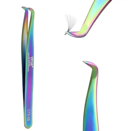 EMEDA L Curved Tweezers for Volume Lash Extensions Fiber Tip, Stainless Steel Tweezers Eyelash Extensions for Lash Artist and Beginners - EMEDA