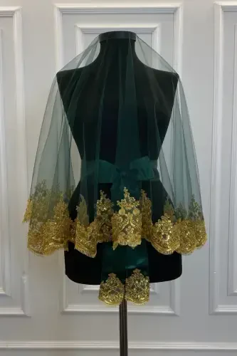 Emerald Gold Shimmering Guipure Bridal Henna Veil Set Wedding Henna Night Face Cover-EmeraldGold - 1