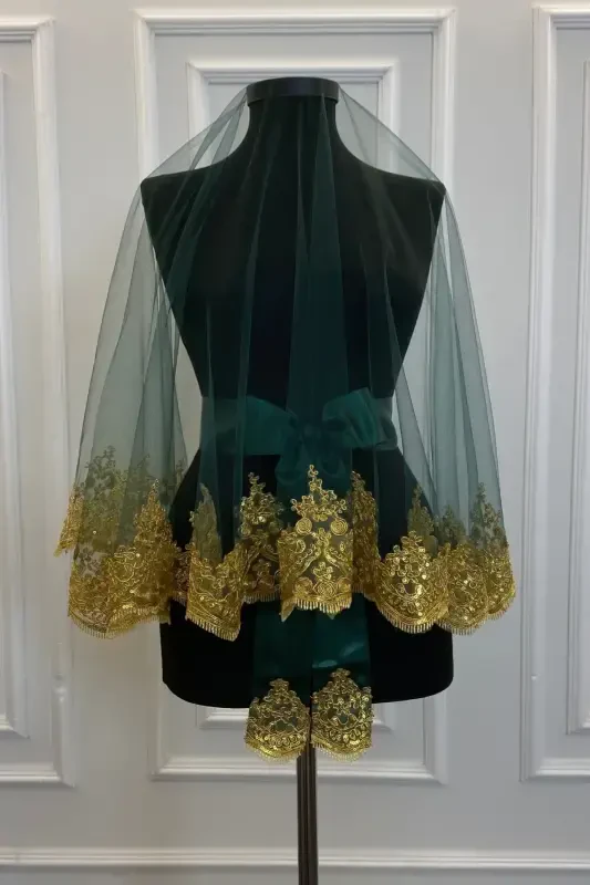 Emerald Gold Shimmering Guipure Bridal Henna Veil Set Wedding Henna Night Face Cover-EmeraldGold - 1