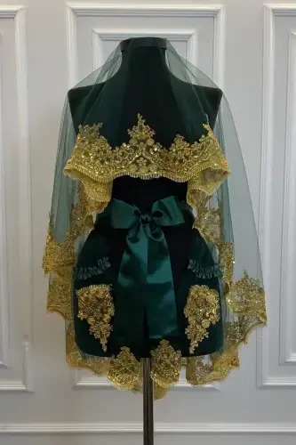 Emerald Gold Shimmering Guipure Bridal Henna Veil Set Wedding Henna Night Face Cover-EmeraldGold - 3