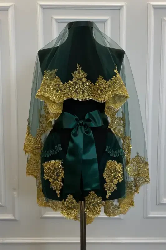 Emerald Gold Shimmering Guipure Bridal Henna Veil Set Wedding Henna Night Face Cover-EmeraldGold - 3