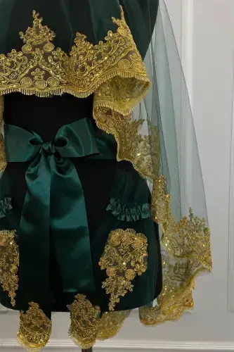 Emerald Gold Shimmering Guipure Bridal Henna Veil Set Wedding Henna Night Face Cover-EmeraldGold - 4