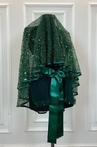 Emerald Green Authentic Vip Bridal Veil Set, Complete Sequin Bead Pearly Shining Henna Veil Set 6 Pieces-Emerald Green - 1