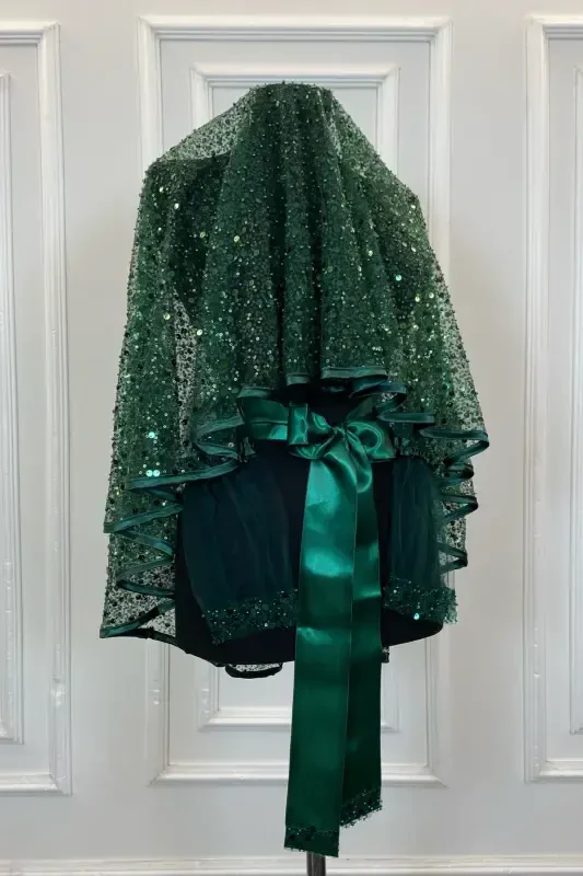Emerald Green Authentic Vip Bridal Veil Set, Complete Sequin Bead Pearly Shining Henna Veil Set 6 Pieces-Emerald Green - ZEYMERADE