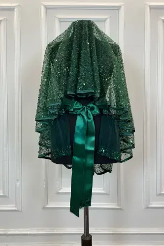 Emerald Green Authentic Vip Bridal Veil Set, Complete Sequin Bead Pearly Shining Henna Veil Set 6 Pieces-Emerald Green - ZEYMERADE (1)