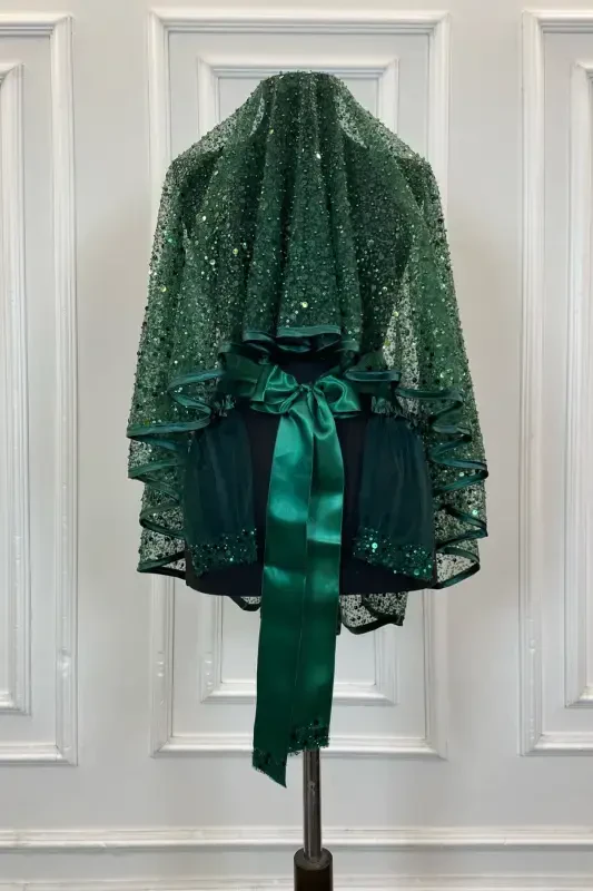 Emerald Green Authentic Vip Bridal Veil Set, Complete Sequin Bead Pearly Shining Henna Veil Set 6 Pieces-Emerald Green - 2