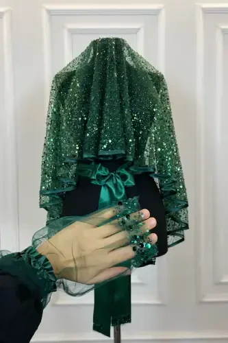 Emerald Green Authentic Vip Bridal Veil Set, Complete Sequin Bead Pearly Shining Henna Veil Set 6 Pieces-Emerald Green - 3