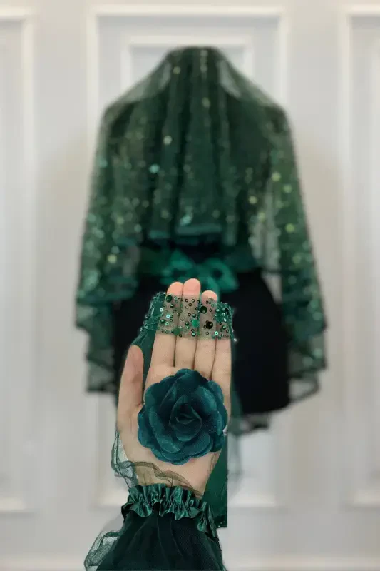 Emerald Green Authentic Vip Bridal Veil Set, Complete Sequin Bead Pearly Shining Henna Veil Set 6 Pieces-Emerald Green - 4