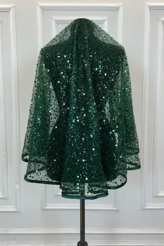 Emerald Green Authentic Vip Bridal Veil Set, Complete Sequin Bead Pearly Shining Henna Veil Set 6 Pieces-Emerald Green - 5