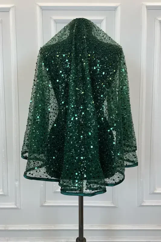 Emerald Green Authentic Vip Bridal Veil Set, Complete Sequin Bead Pearly Shining Henna Veil Set 6 Pieces-Emerald Green - 5