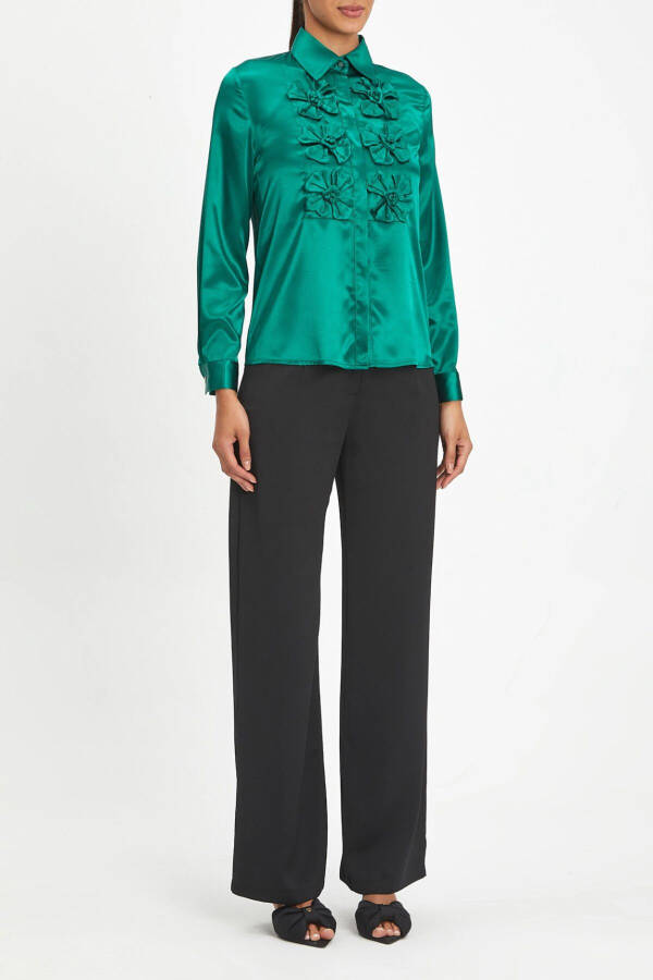 Emerald Green Bow Detail Satin Shirt 40112 - 1