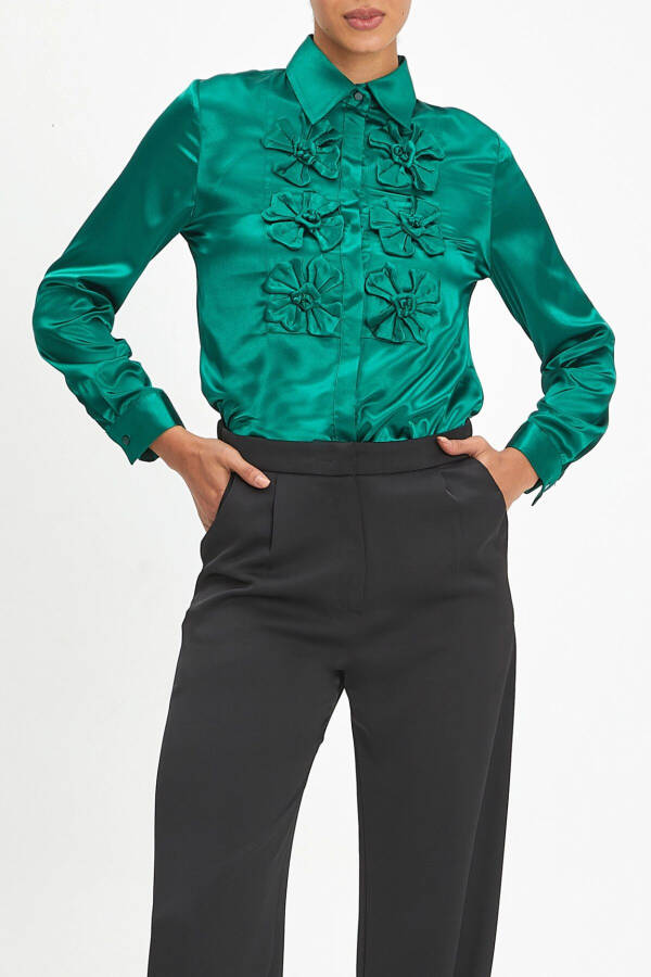 Emerald Green Bow Detail Satin Shirt 40112 - 3