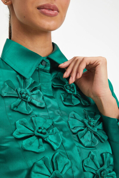 Emerald Green Bow Detail Satin Shirt 40112 - 4
