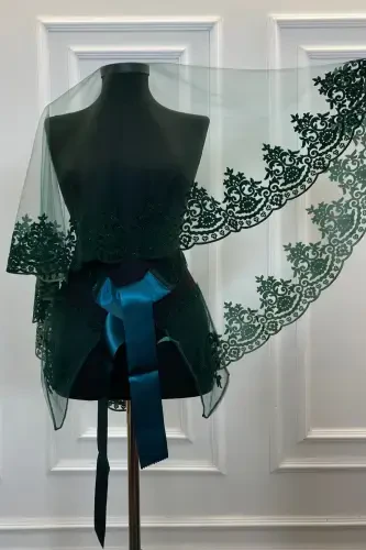 Emerald Green Bridal Veil Set Classic Pattern Flock Print Glitter Henna Veil-FLOKKLASİKZÜMRÜT - 1