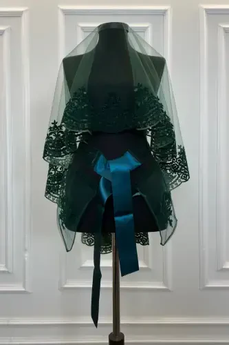 Emerald Green Bridal Veil Set Classic Pattern Flock Print Glitter Henna Veil-FLOKKLASİKZÜMRÜT - ZEYMERADE (1)