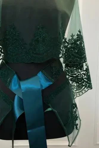 Emerald Green Bridal Veil Set Classic Pattern Flock Print Glitter Henna Veil-FLOKKLASİKZÜMRÜT - 3