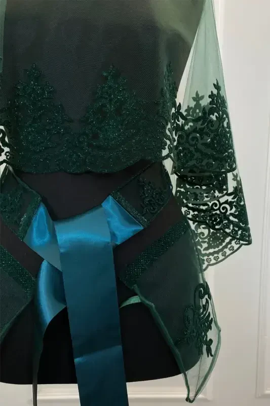 Emerald Green Bridal Veil Set Classic Pattern Flock Print Glitter Henna Veil-FLOKKLASİKZÜMRÜT - 3