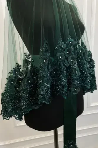 Emerald Green Bridal Veil Set, Henna Veil, Vip Model-Emerald Green - 6