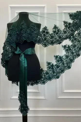 Emerald Green Bridal Veil Set, Henna Veil, Vip Model-Emerald Green - 7