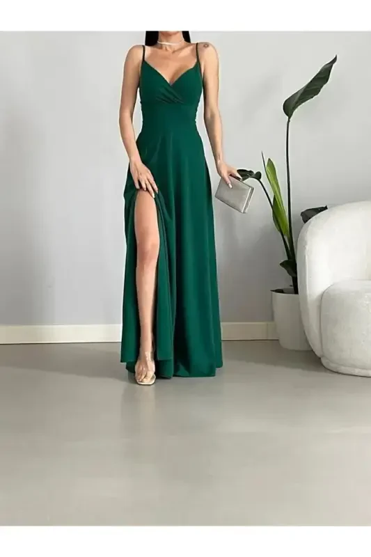 Emerald Green Crepe Fabric Slit Detailed Evening Dress-Emerald Green - 1