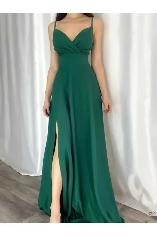 Emerald Green Crepe Fabric Slit Detailed Evening Dress-Emerald Green - 2