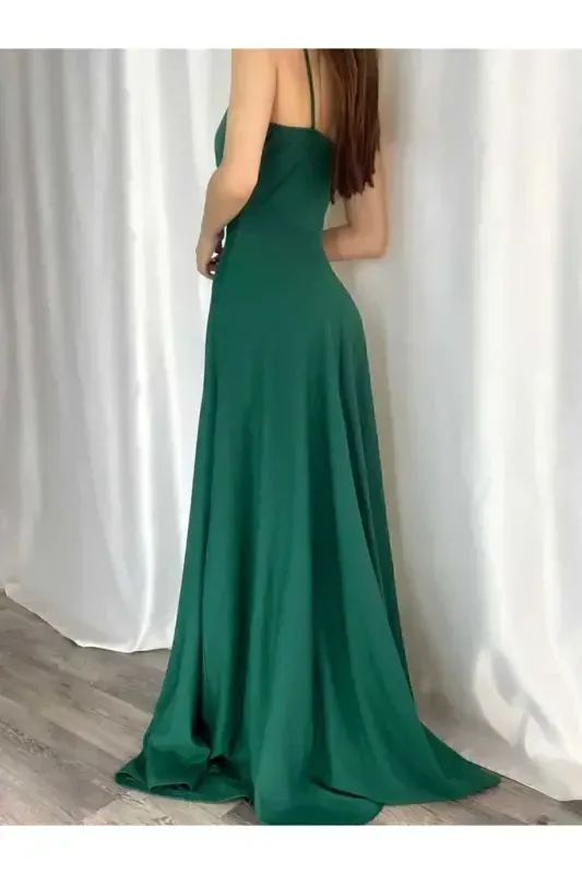 Emerald Green Crepe Fabric Slit Detailed Evening Dress-Emerald Green - 3