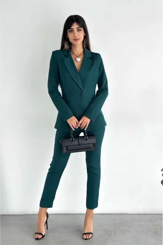 Emerald Green Crossover Blazer Carrot Pants Suit-Emerald Green - 3