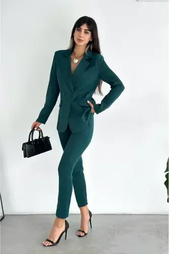 Emerald Green Crossover Blazer Carrot Pants Suit-Emerald Green - 1
