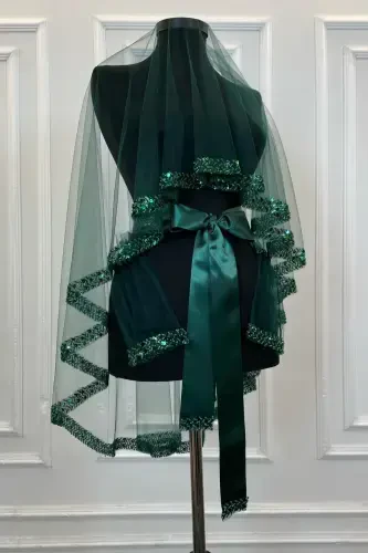 Emerald Green Elegant Bridal Veil Set, Henna Veil Set with Water Stone 6 Pieces - Emerald Green - 1